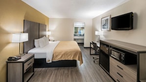 A hotel room with a bed, bedside tables, a desk, a television, and a kitchenette.