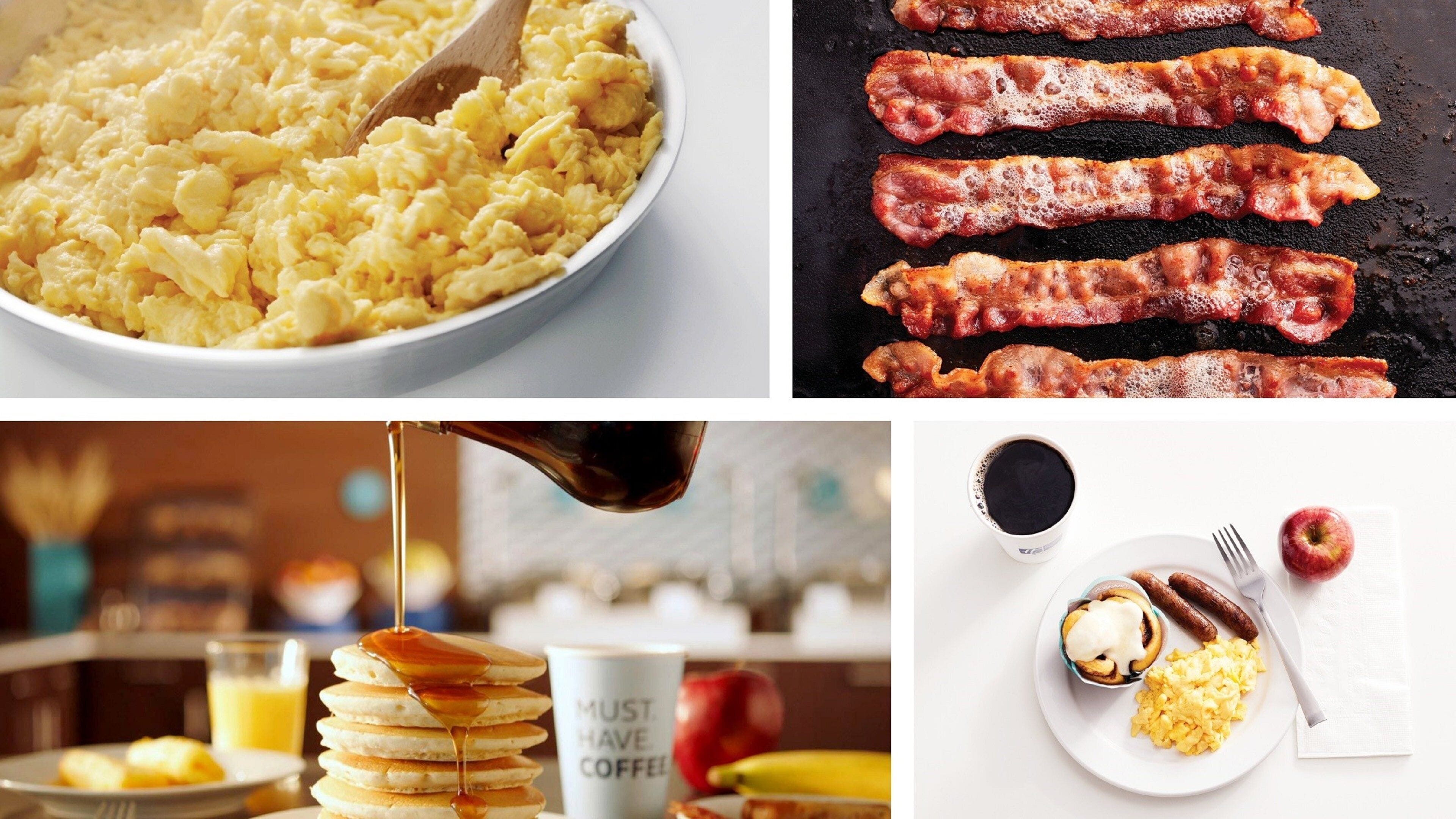Roerei, bacon, pannenkoeken met siroop, en een bord met worstjes en roerei.