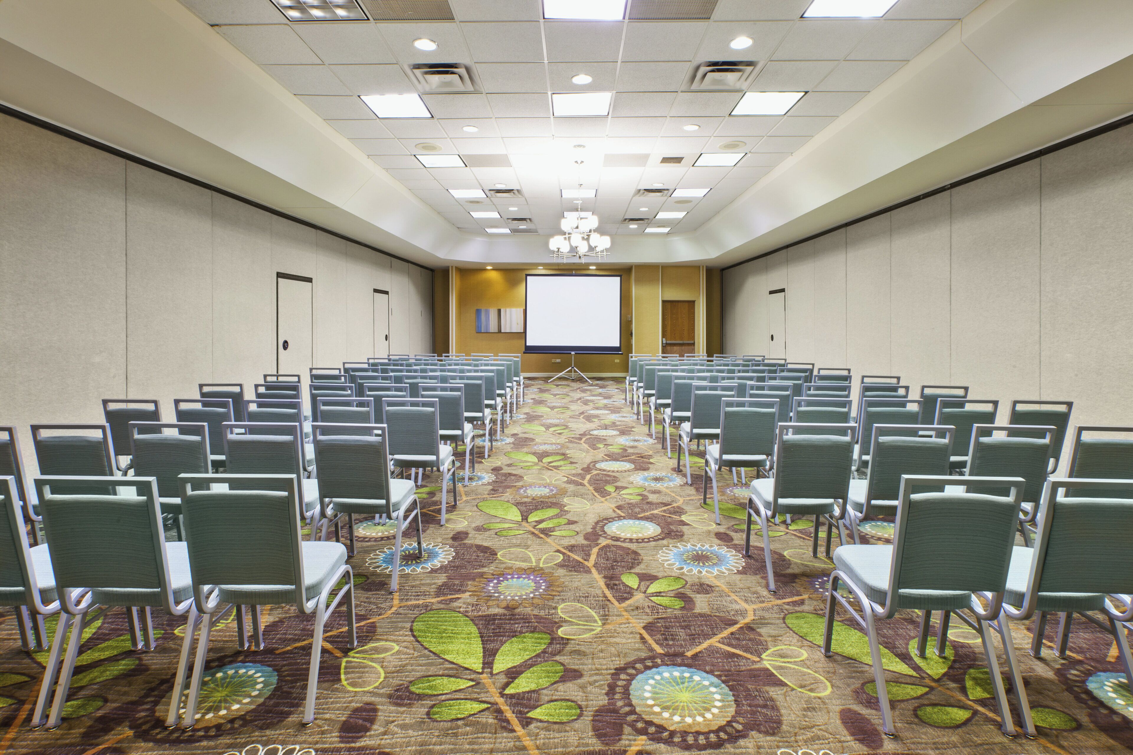 A conference room with rows of chairs facing a projection screen, carpeted floor, and a ceiling with recessed lighting.
