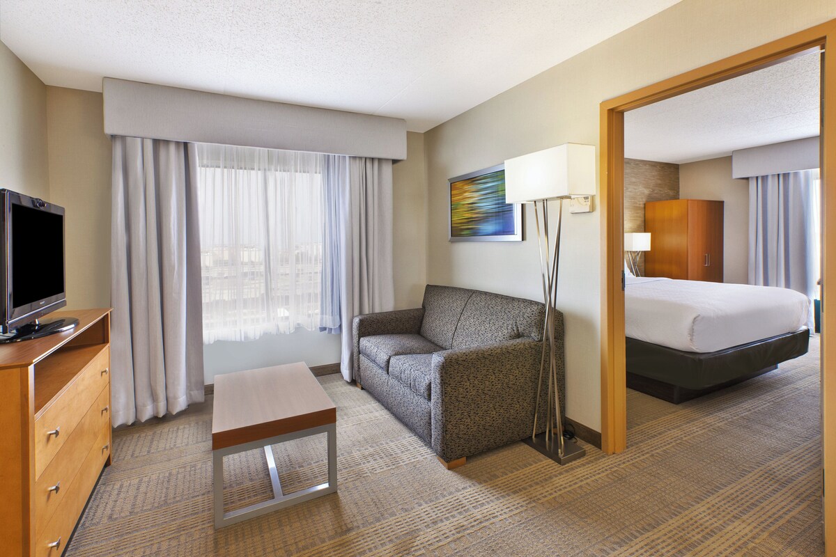 A hotel room with a bed, a sofa, a TV, a desk, and a lamp.