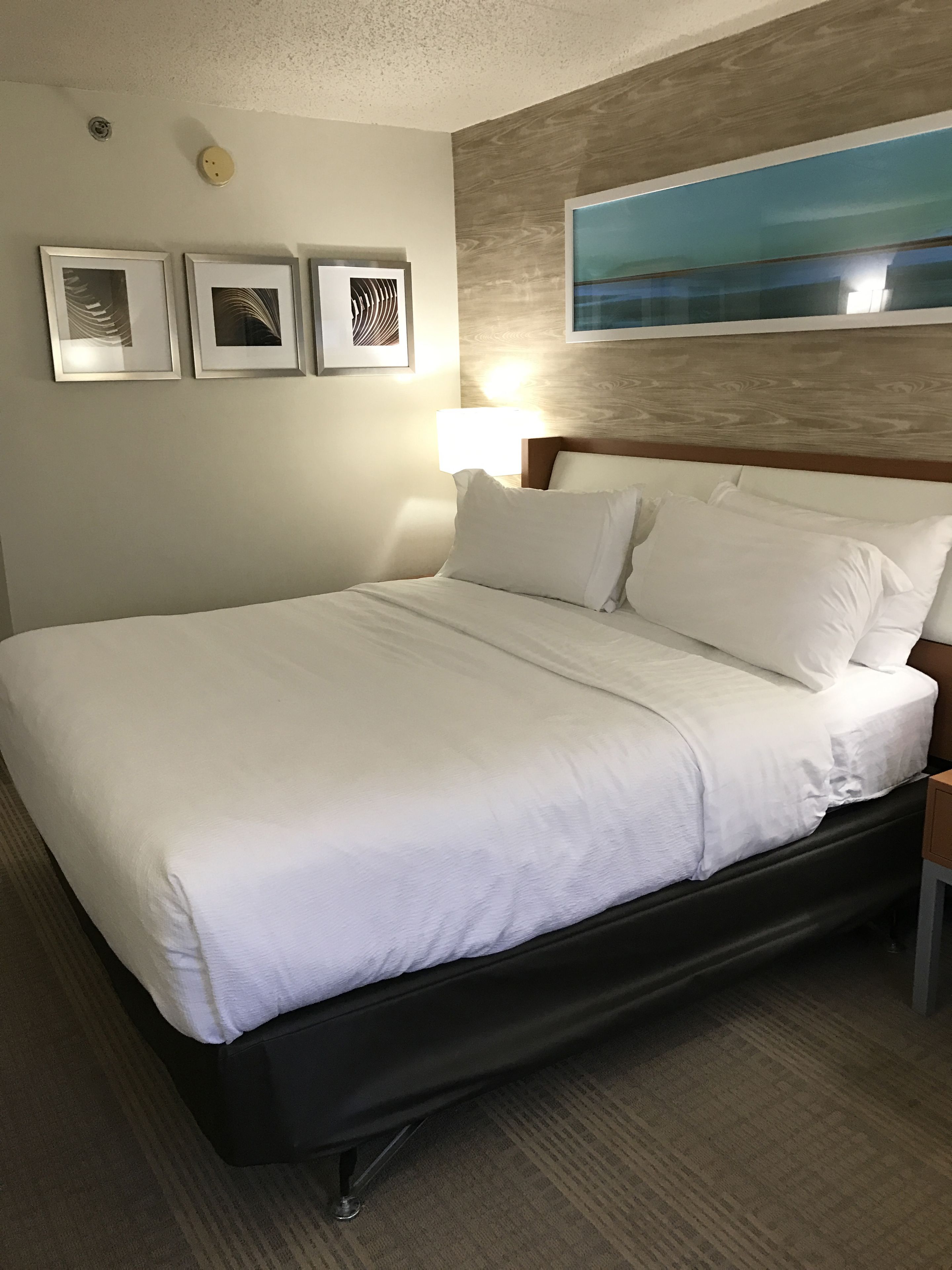 A hotel room with a large bed, a nightstand, a wall-mounted lamp, and three framed pictures on the wall.