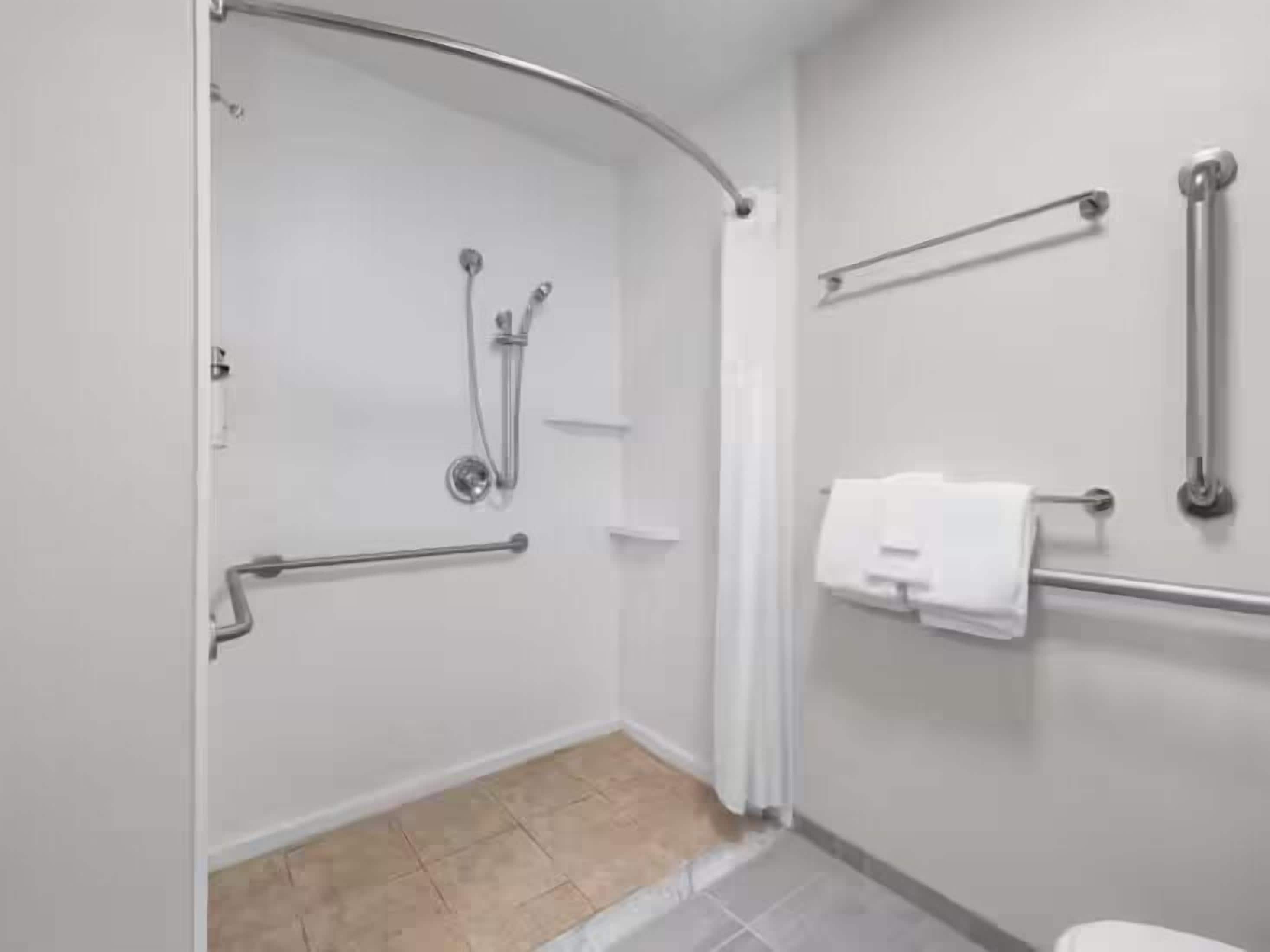 A bathroom with a shower, grab bars, and a toilet.