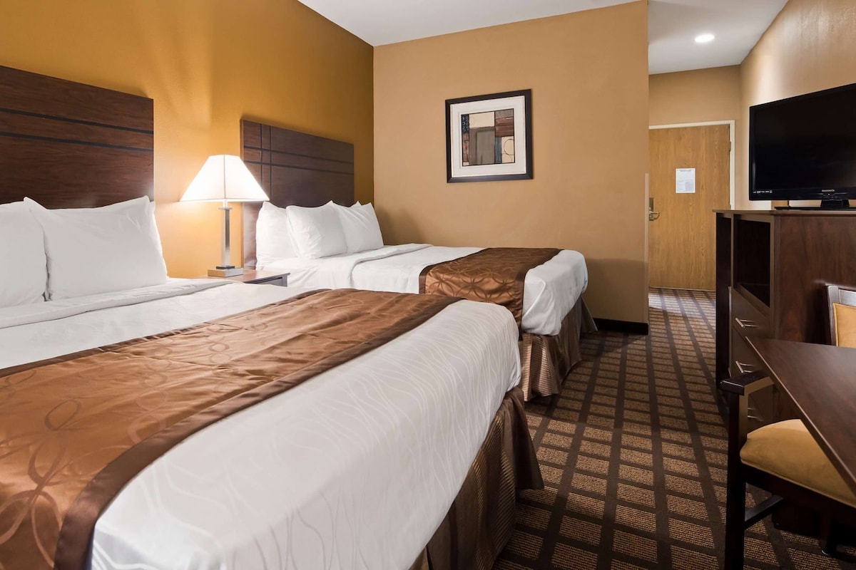 Habitación de hotel con dos camas, un escritorio, un televisor y un cuadro en la pared.