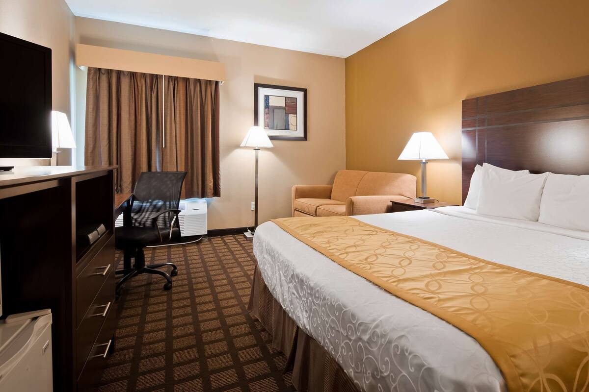 A hotel room with a bed, a desk, a chair, a sofa, and two lamps.