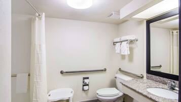 A small, clean bathroom with a toilet, sink, and shower. There are handrails and a mirror.