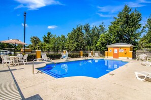 Seasonal outdoor pool, open 8 AM to 10 PM, pool umbrellas, sun loungers