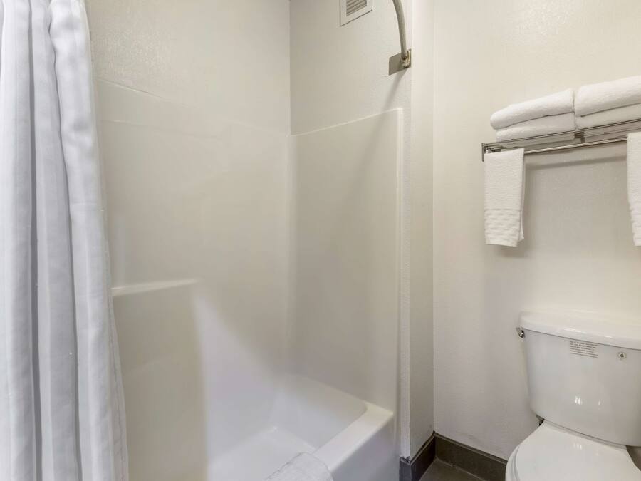 Un baño con ducha, inodoro y toallero.