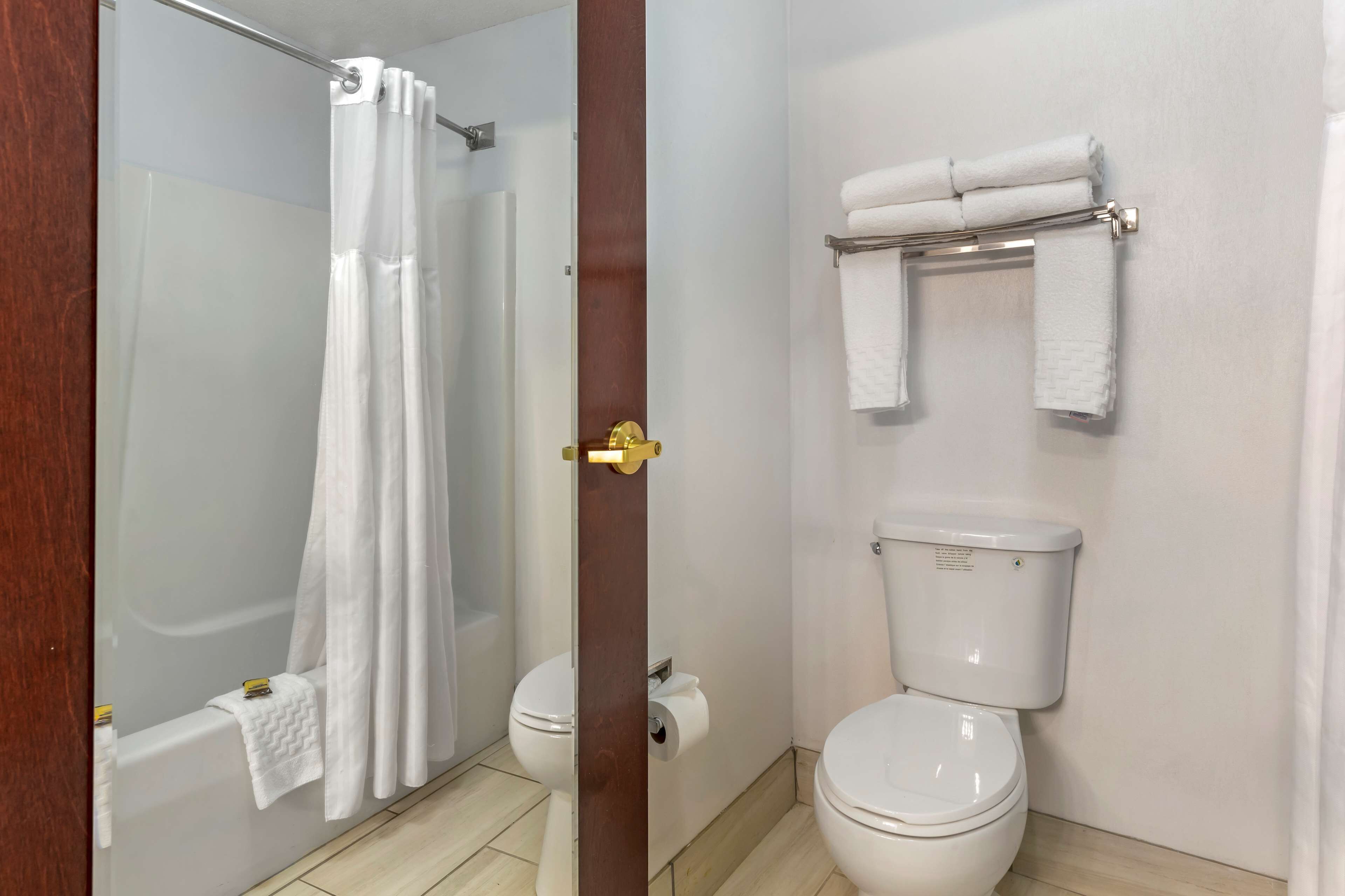 Une salle de bain équipée d’une douche, de toilettes et d’un porte-serviettes.
