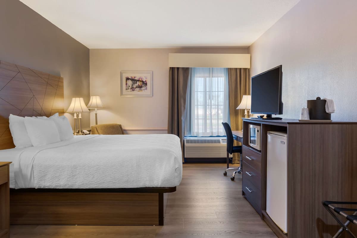 Habitación de hotel con cama, escritorio, silla, televisor y minibar.