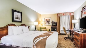Una habitación de hotel con una cama grande, un escritorio, una silla, un televisor y un microondas.