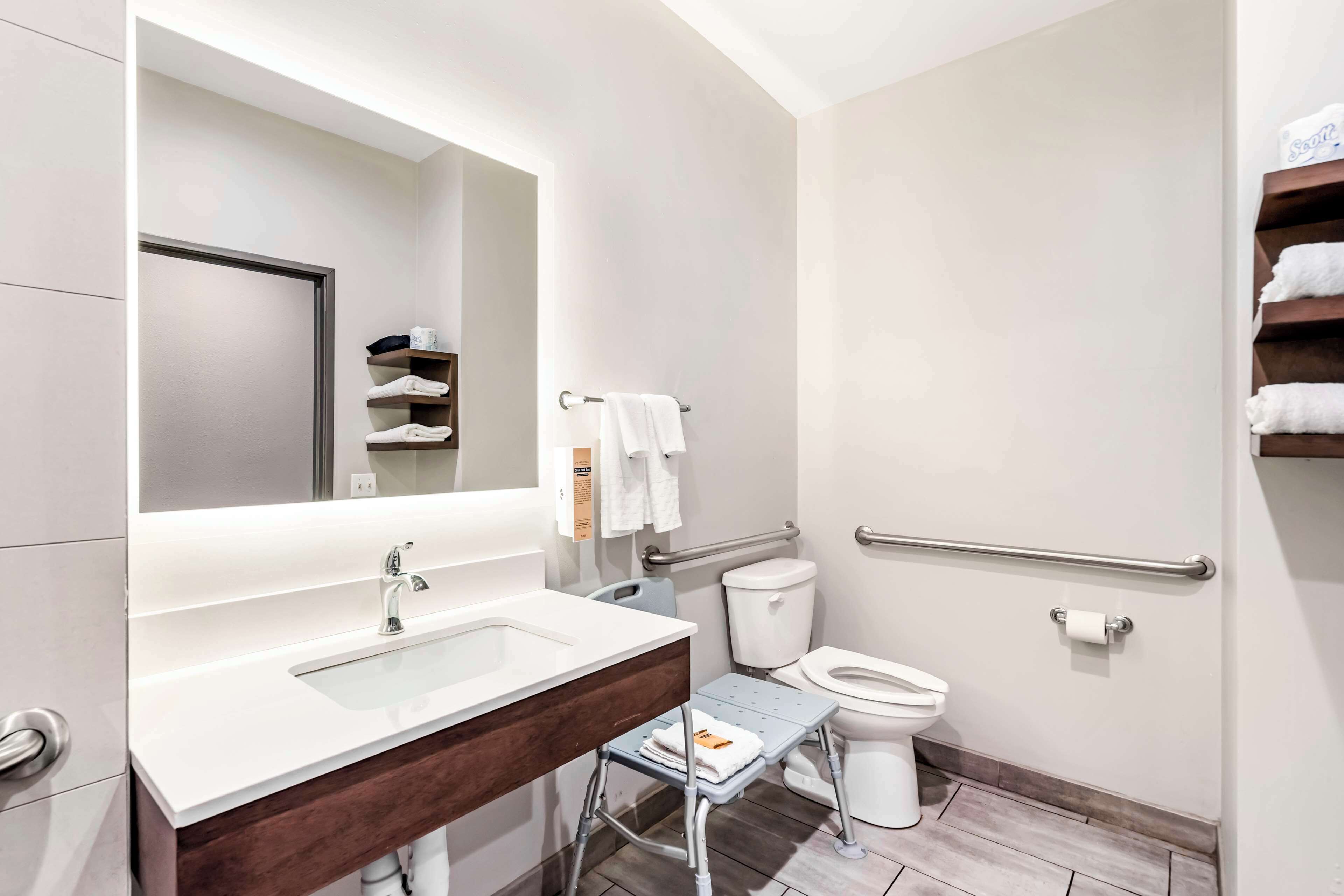 combined shower/bathtub, free toiletries, hair dryer, towels