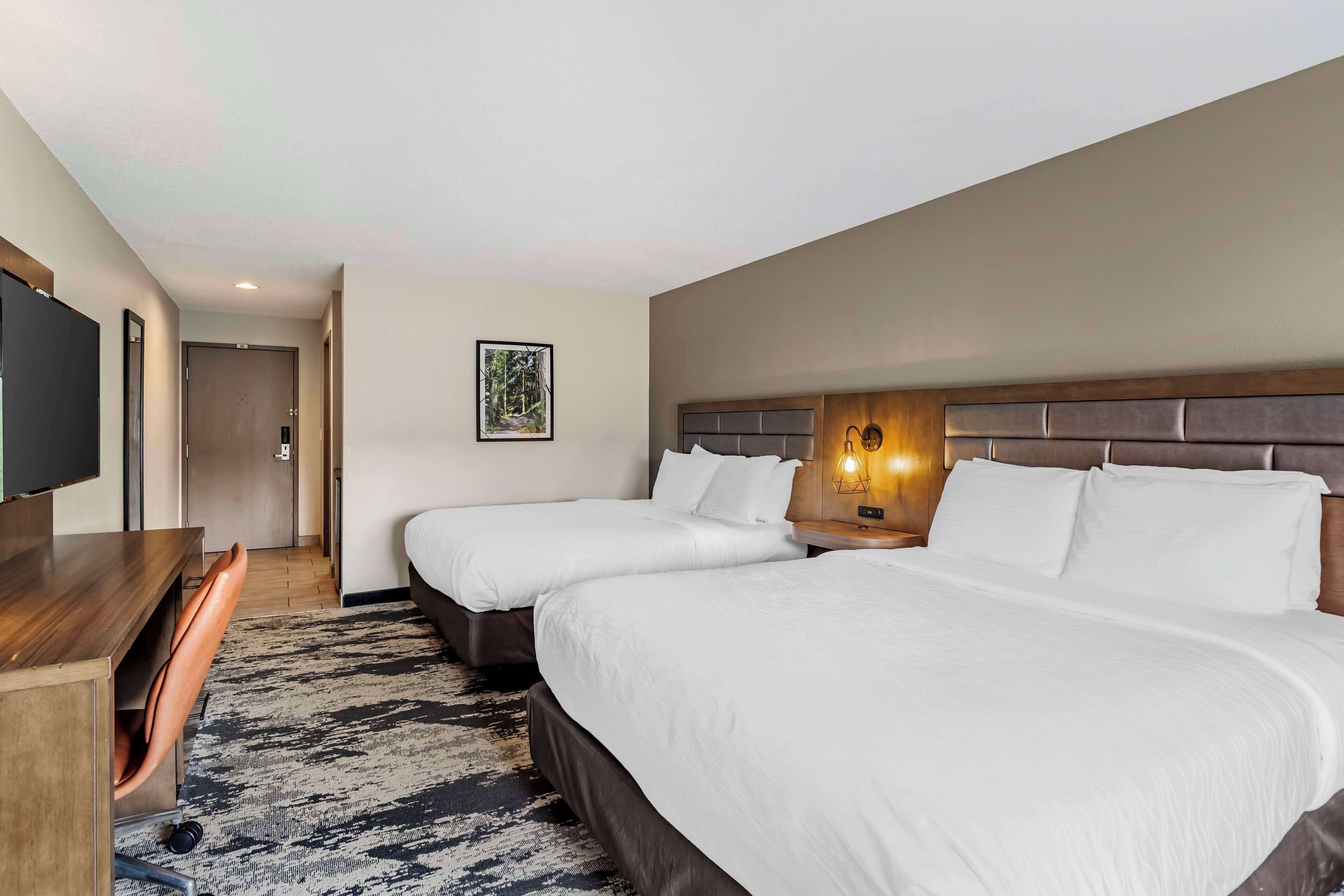 A hotel room with two beds, a desk, a chair, a TV, and a framed picture on the wall.