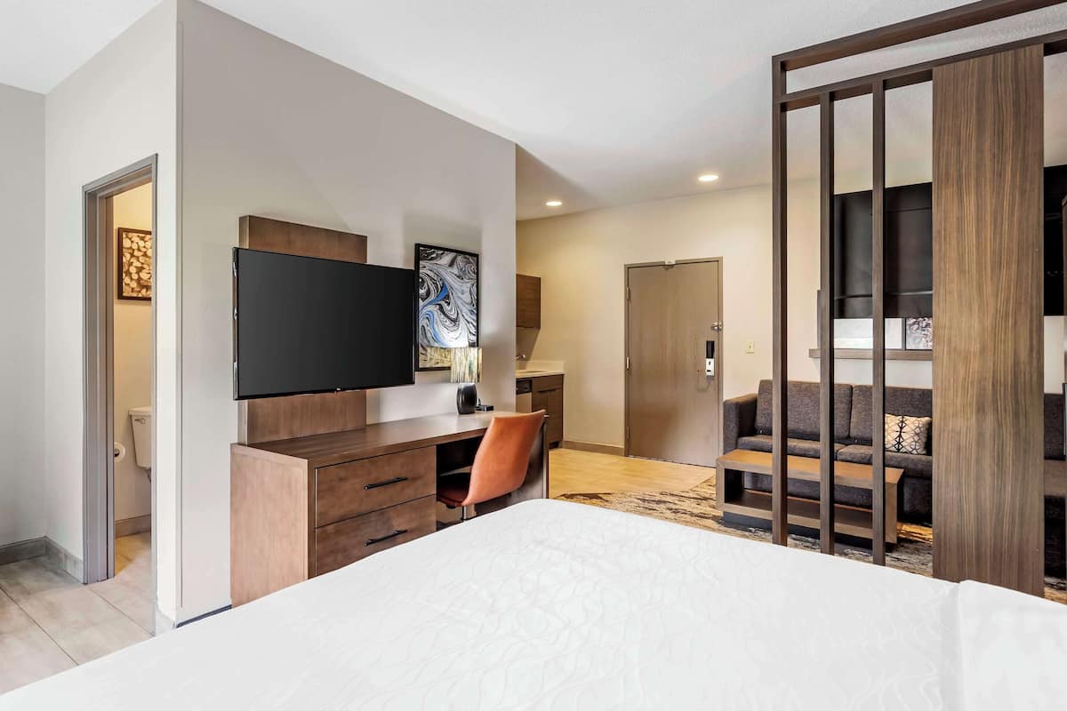 Une chambre d’hôtel moderne équipée d’un grand lit, d’un bureau avec une chaise, d’une télévision et d’un canapé.