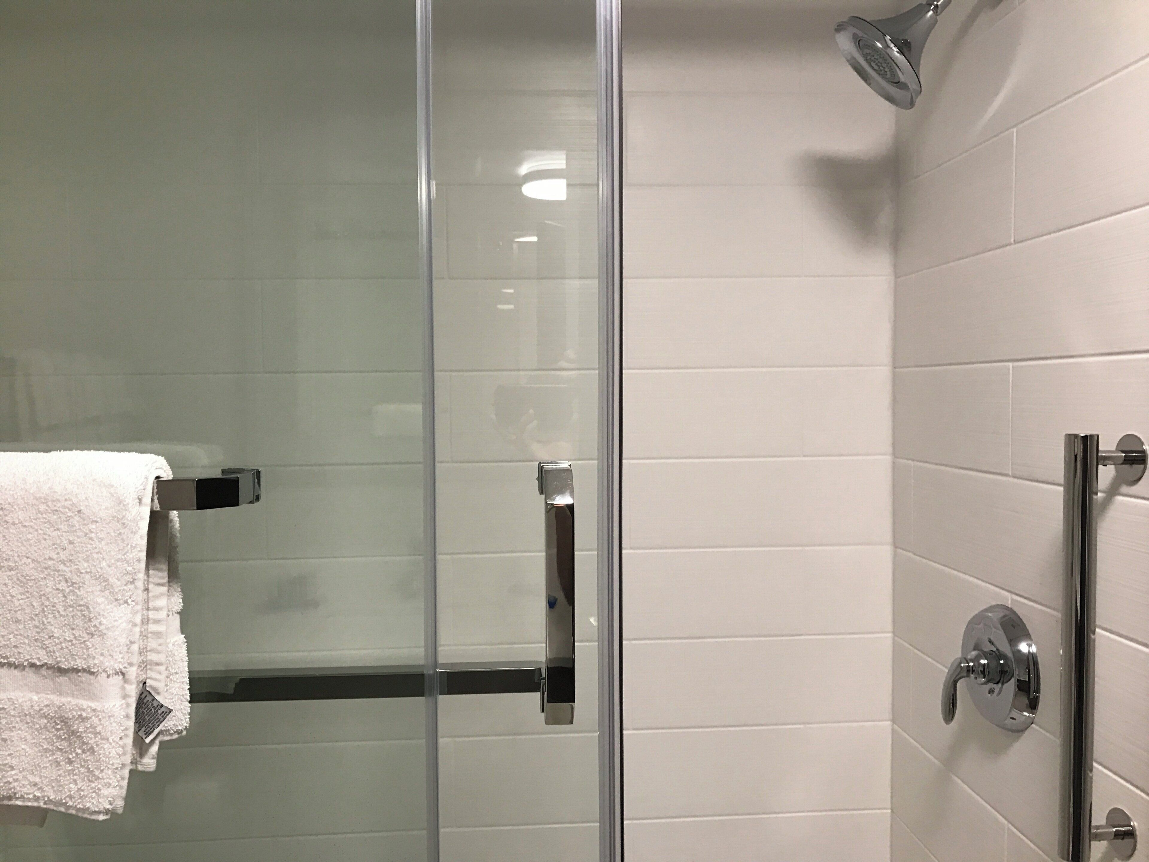 A glass-enclosed shower with a handheld showerhead, a towel rack, and a toilet paper holder.