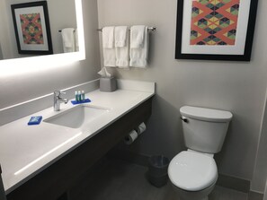 A bathroom with a white sink, a mirror, a toilet, and framed artwork on the walls.