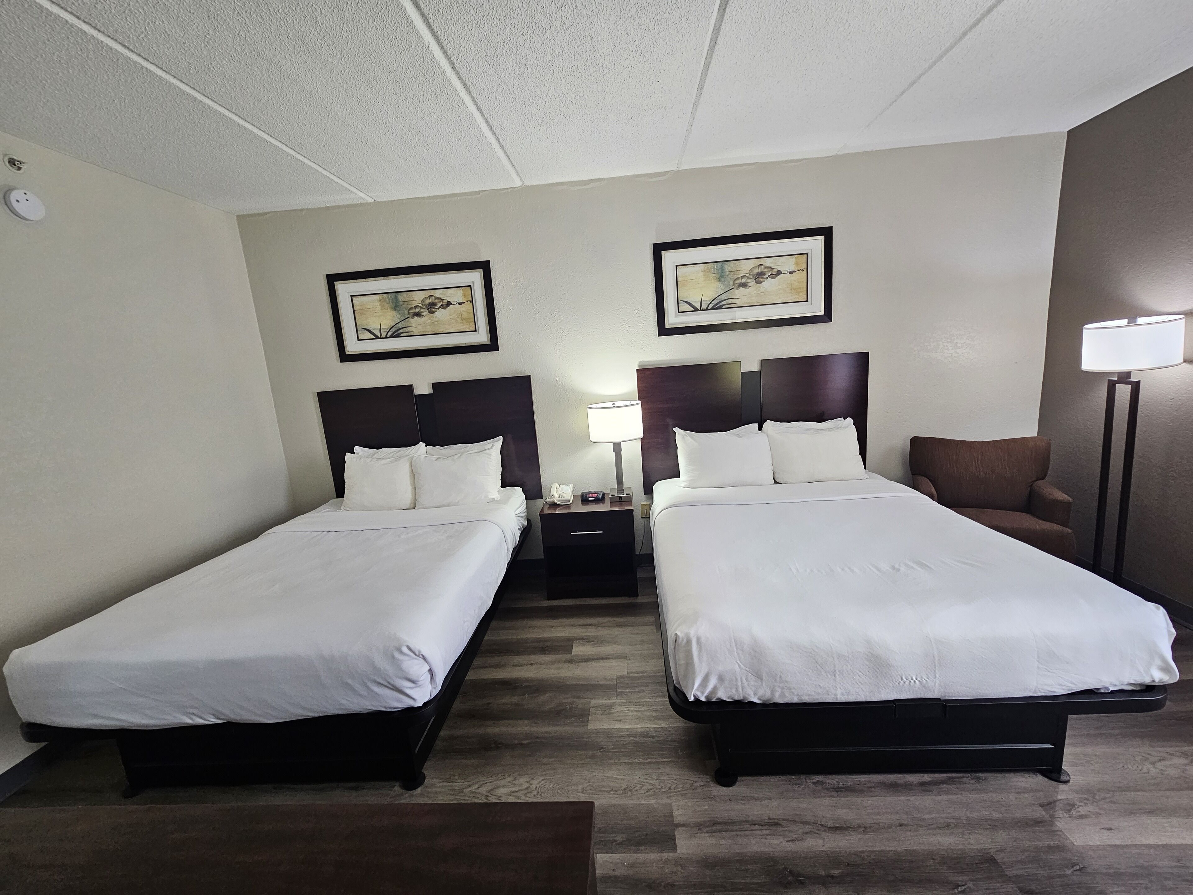 Habitación de hotel con dos camas individuales, una mesita de noche con lámpara, una silla y dos cuadros en la pared.