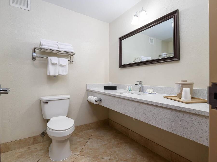 A bathroom with a toilet, towel rack, mirror, and countertop with toiletries.