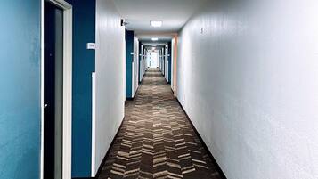Pasillo de hotel con alfombra estampada, paredes azules y puertas numeradas 220.