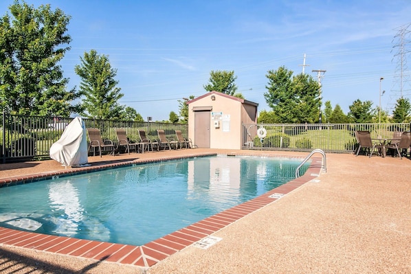 Outdoor pool, open 1:00 PM to 6:30 PM, pool umbrellas