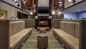A lounge area with sofas, a fireplace, and a television.