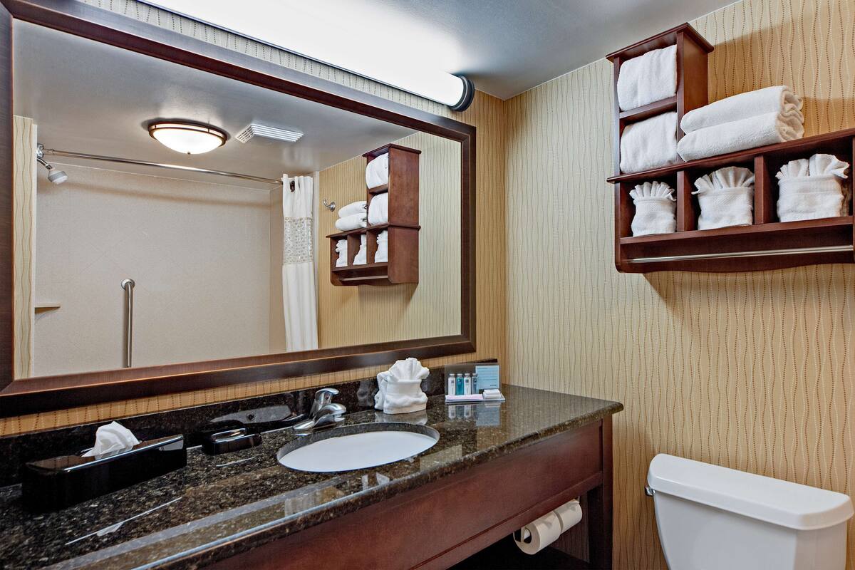 A bathroom with a sink, mirror, towel rack, and toilet.