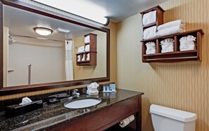Combined shower/bathtub, free toiletries, hair dryer, towels