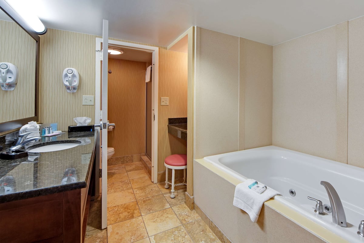 Combined shower/tub, free toiletries, hair dryer, towels
