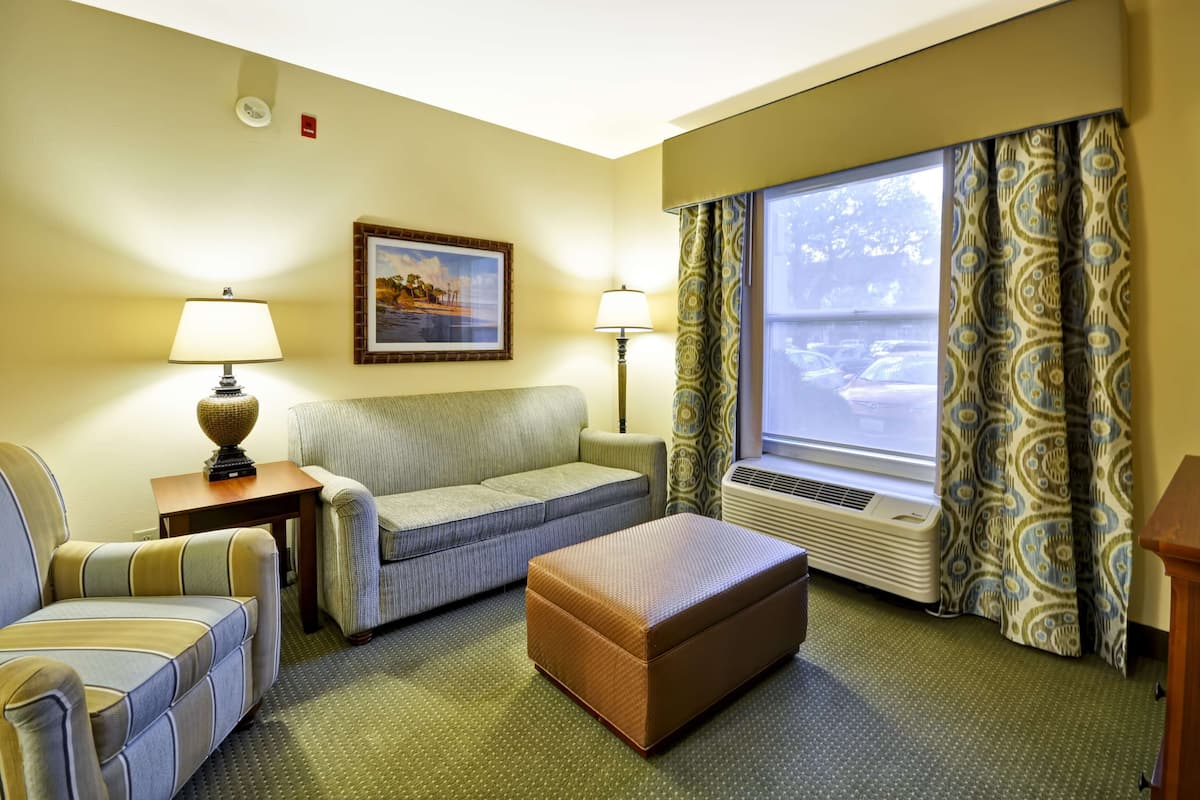A hotel room with a sofa, armchair, ottoman, two lamps, a framed picture, patterned curtains, and an air conditioning unit.