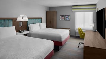 A hotel room with two beds, a desk, a chair, a TV, and a window with a view.