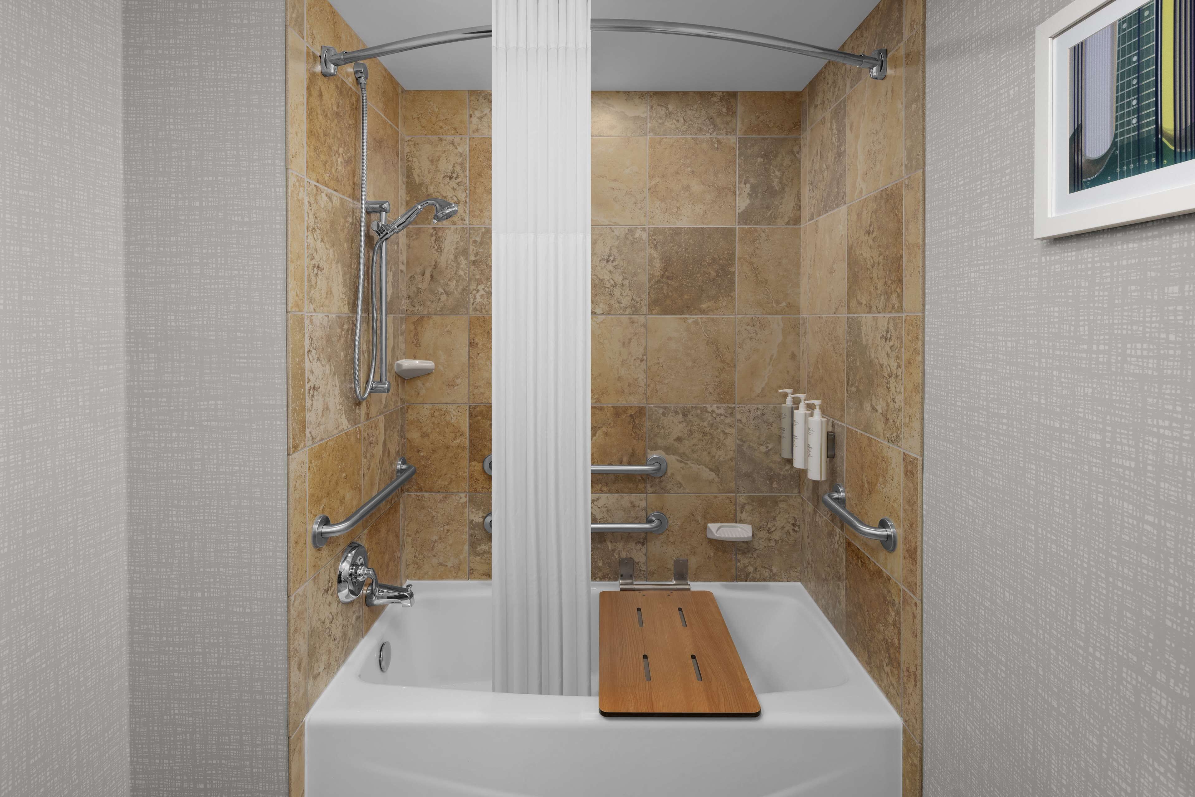 combined shower/bathtub, free toiletries, hair dryer, towels