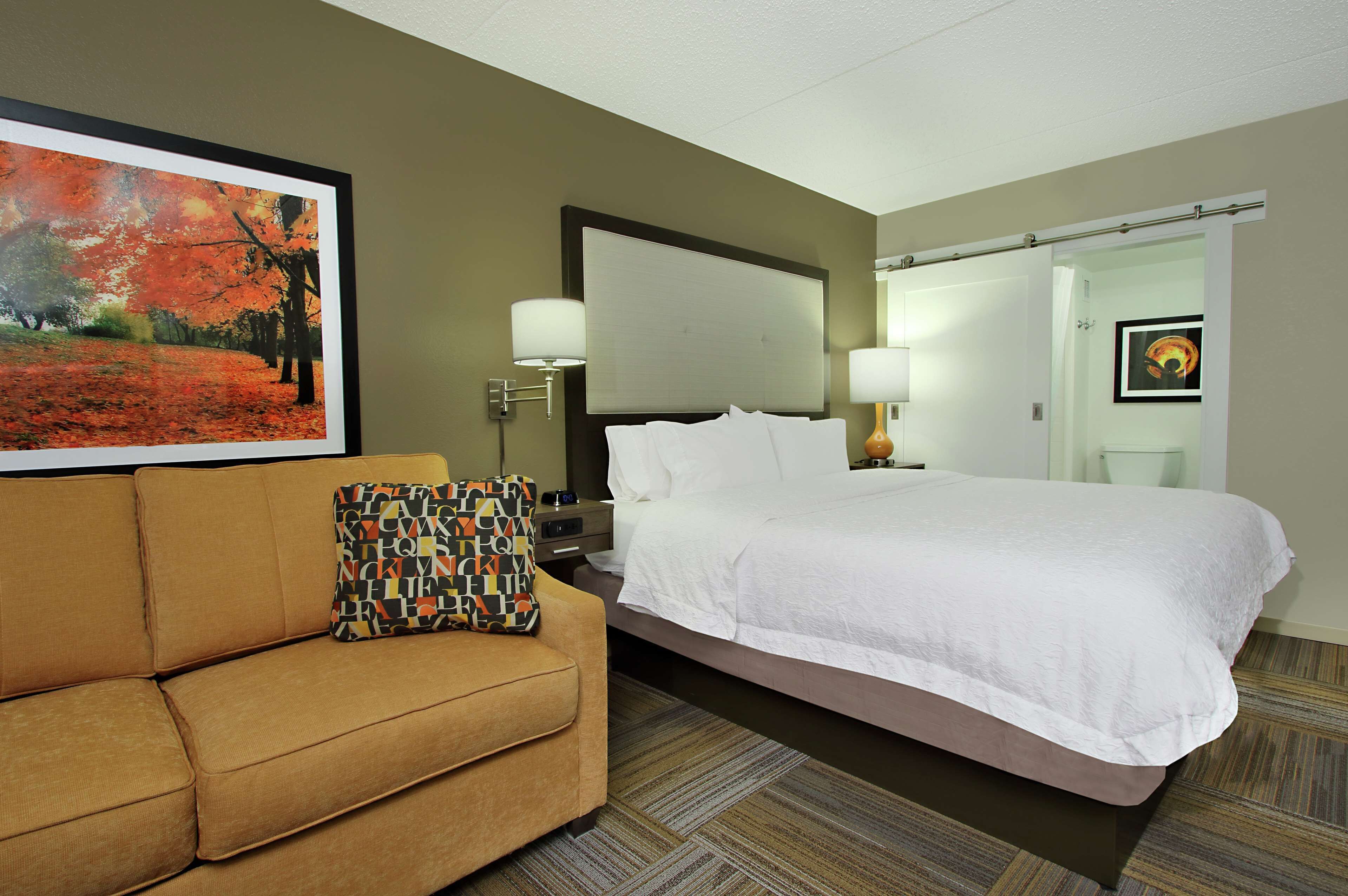 Una habitación de hotel con una cama, un sofá, un cuadro y una lámpara.