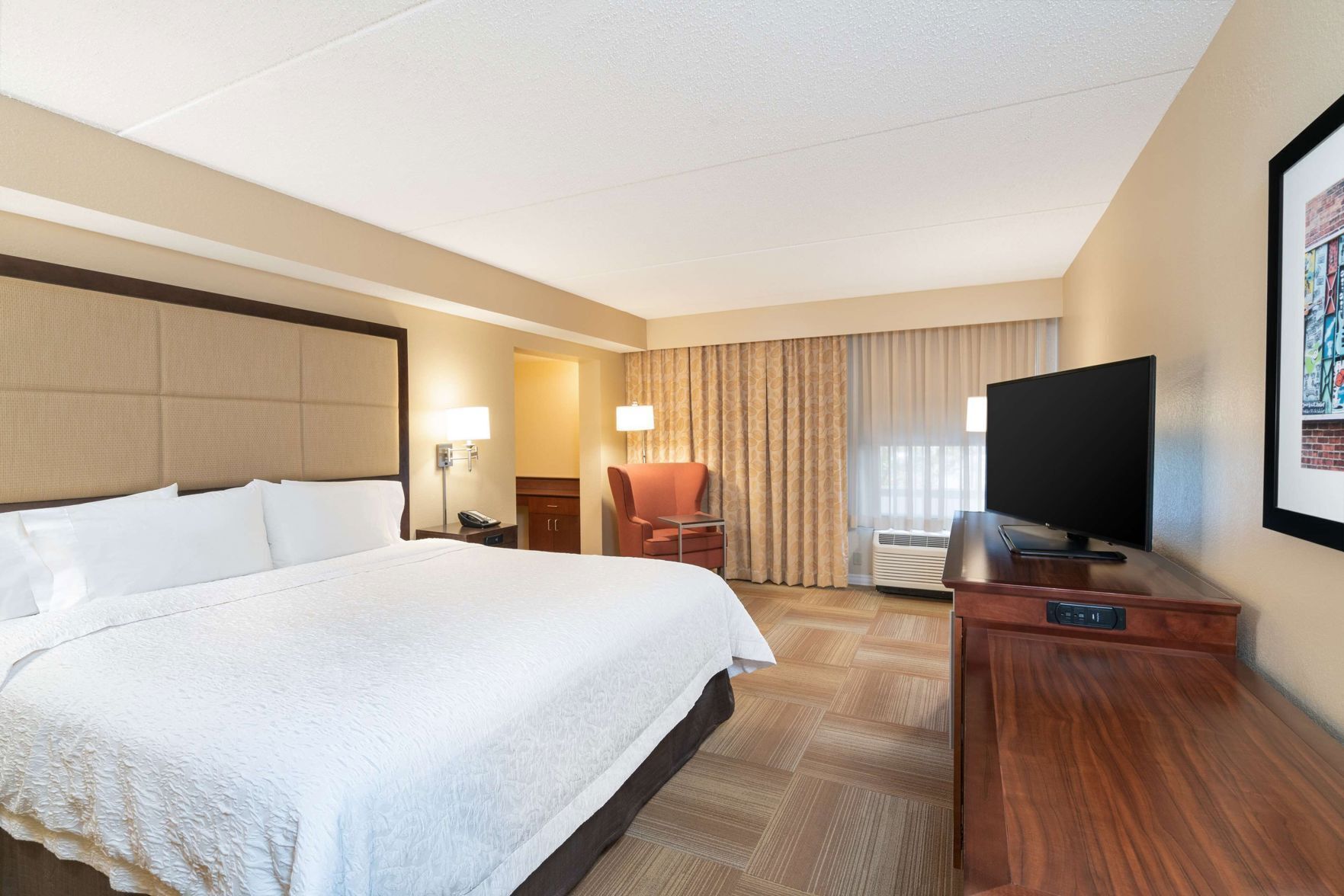 Premium bedding, desk, blackout drapes, iron/ironing board