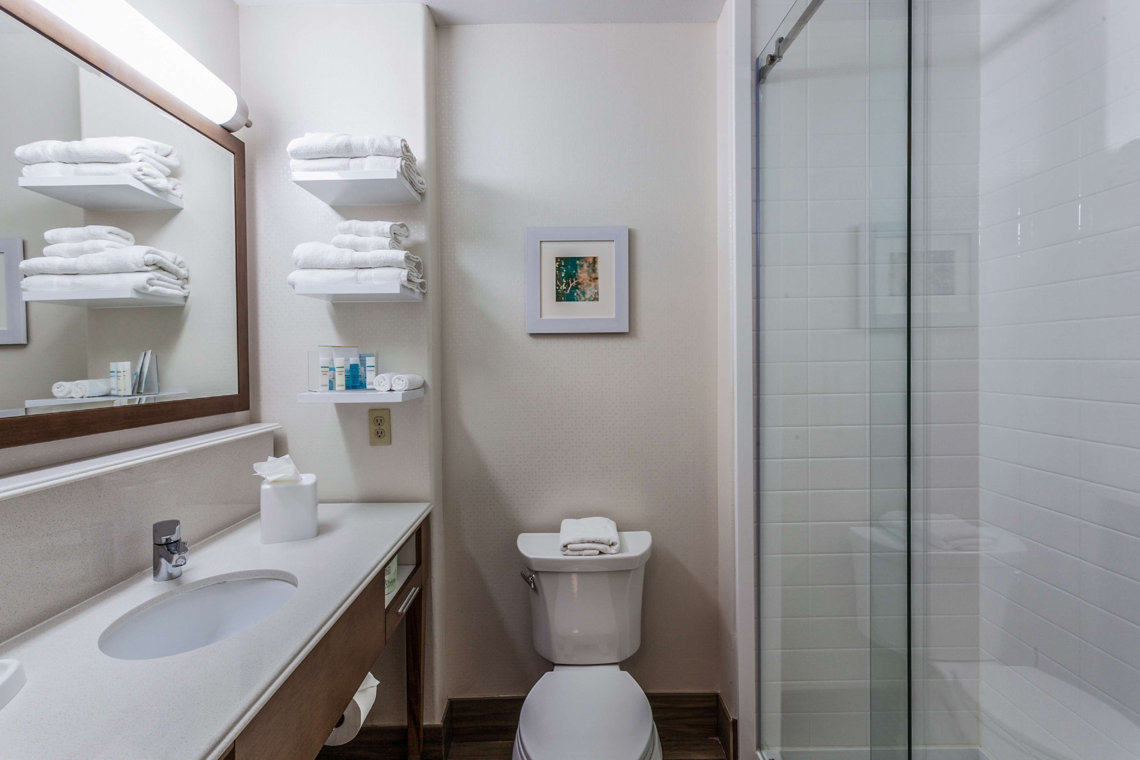 hydromassage showerhead, free toiletries, hair dryer, towels