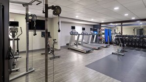 A gym with treadmills, weight machines, and free weights.