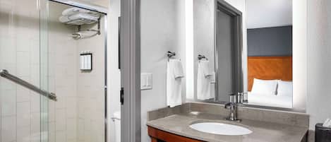 A modern bathroom with a glass shower enclosure, a white toilet, a granite sink, and a large mirror reflecting a bed with a wooden headboard.