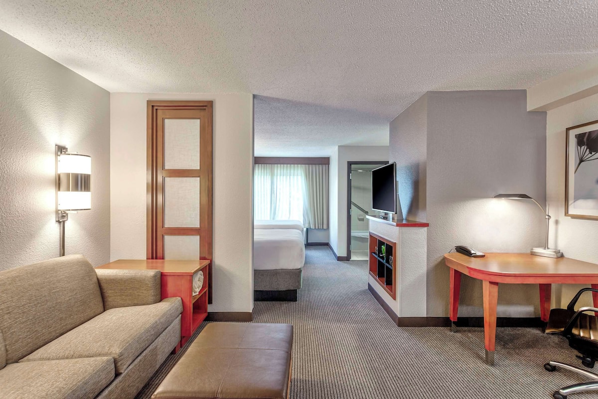 Ein Hotelzimmer mit Sofa, Schreibtisch, Fernseher und Bett.