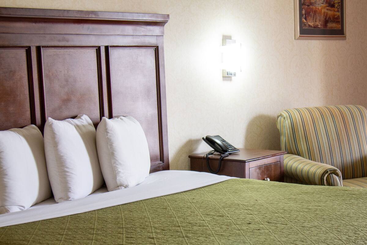 A hotel room with a large bed, a striped armchair, a bedside table with a telephone, and a wall-mounted light.