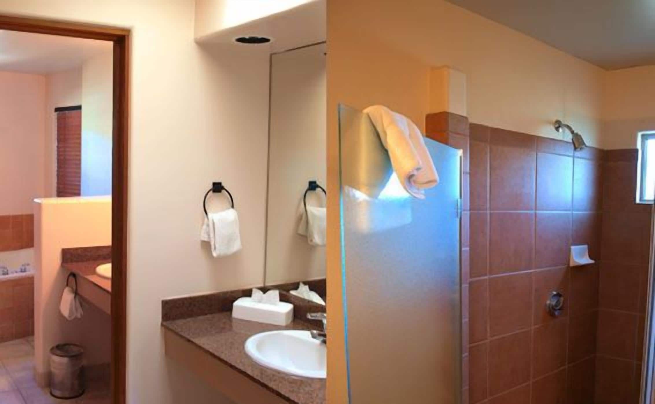 separate bathtub and shower, jetted bath, free toiletries, hair dryer