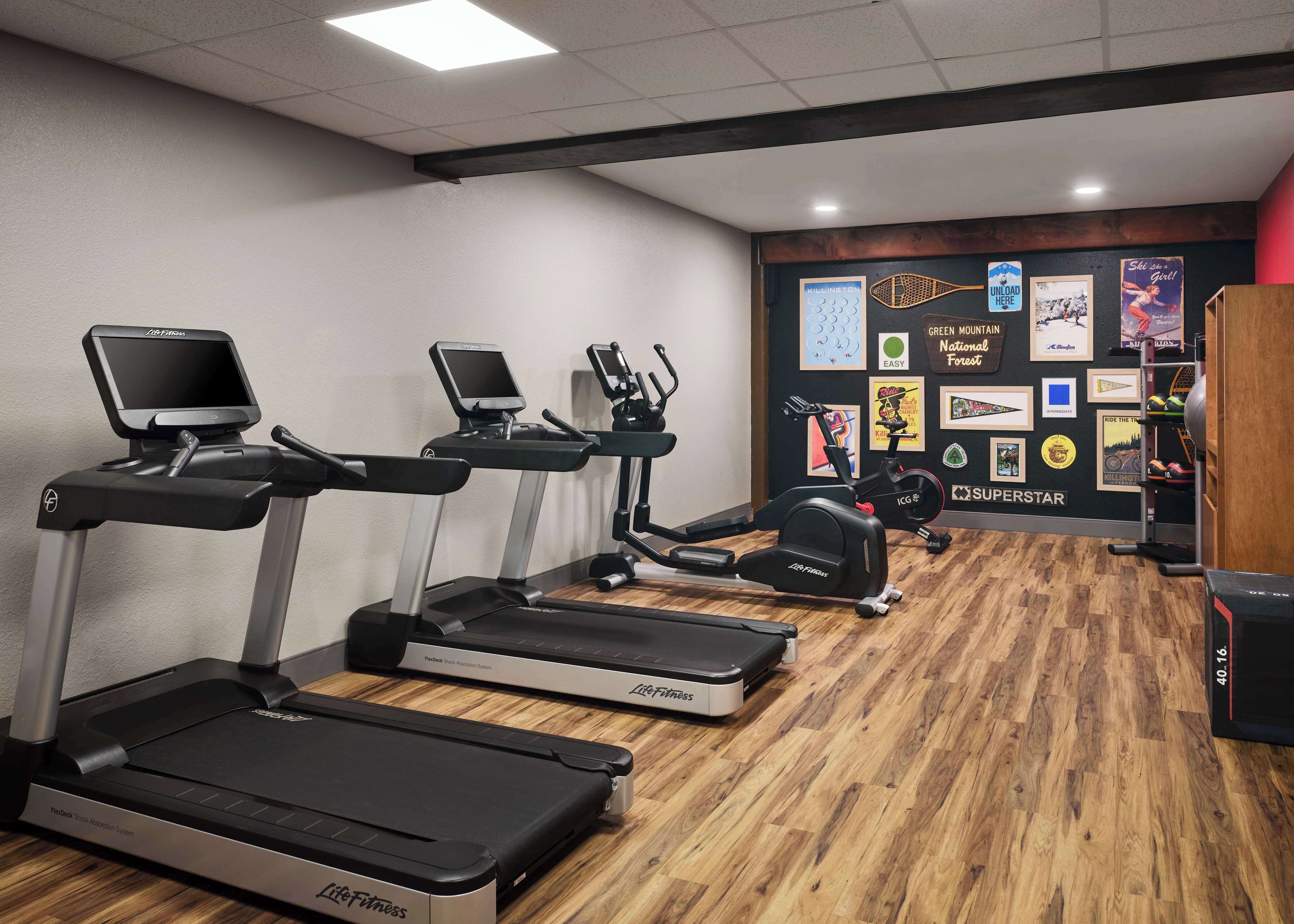 A gym with treadmills, ellipticals, and a weight rack.