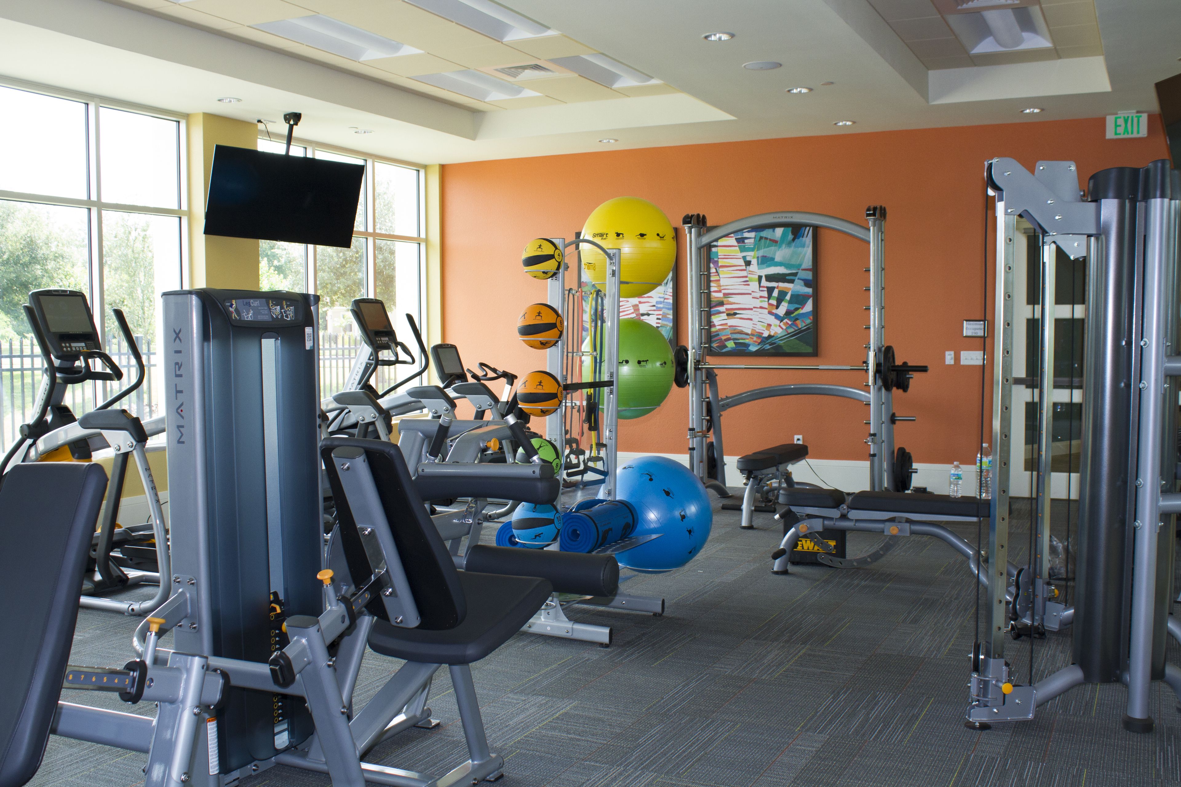 A gym with various exercise equipment, a television, and large windows.