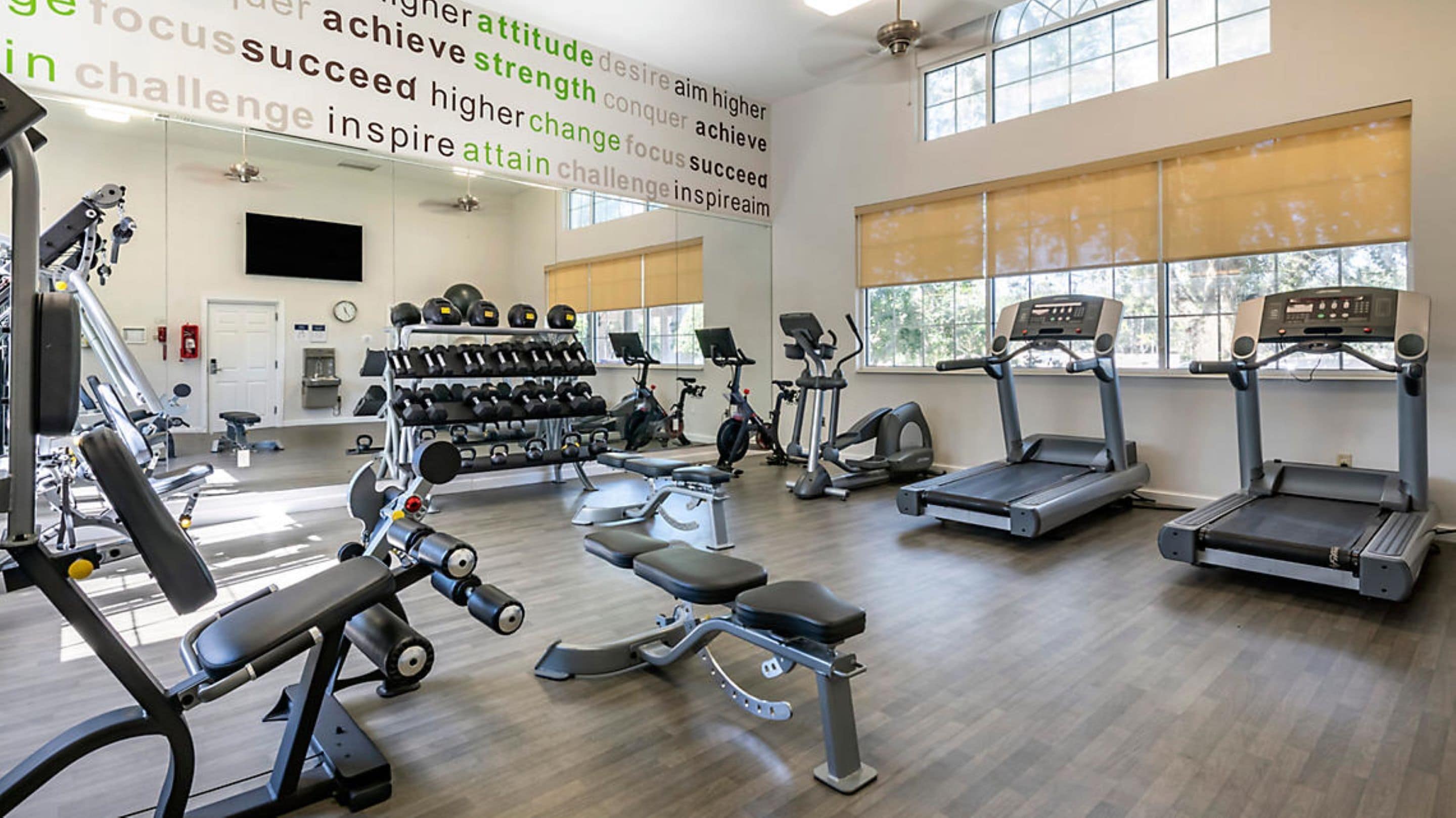 Un gimnasio con diverso equipo de ejercicio, incluyendo cintas de correr, mancuernas y máquinas de pesas.