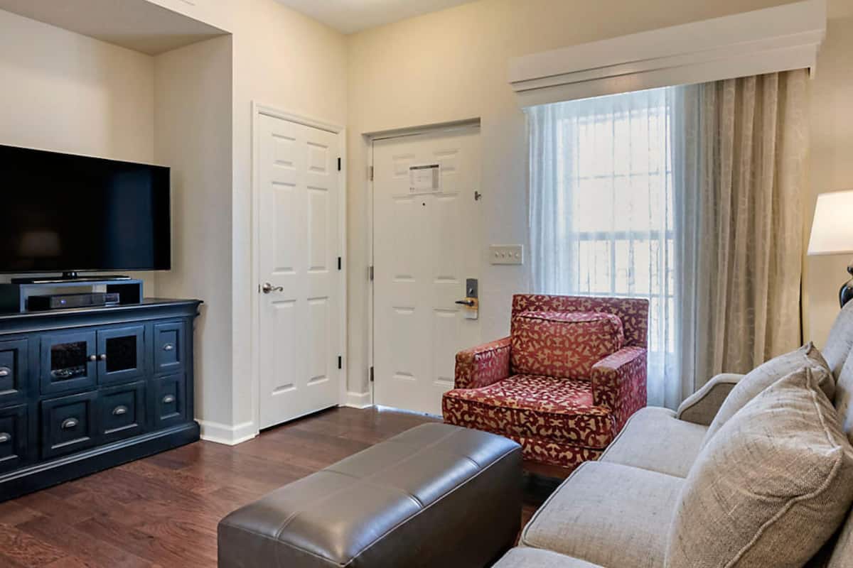 42-inch TV with cable channels, DVD player