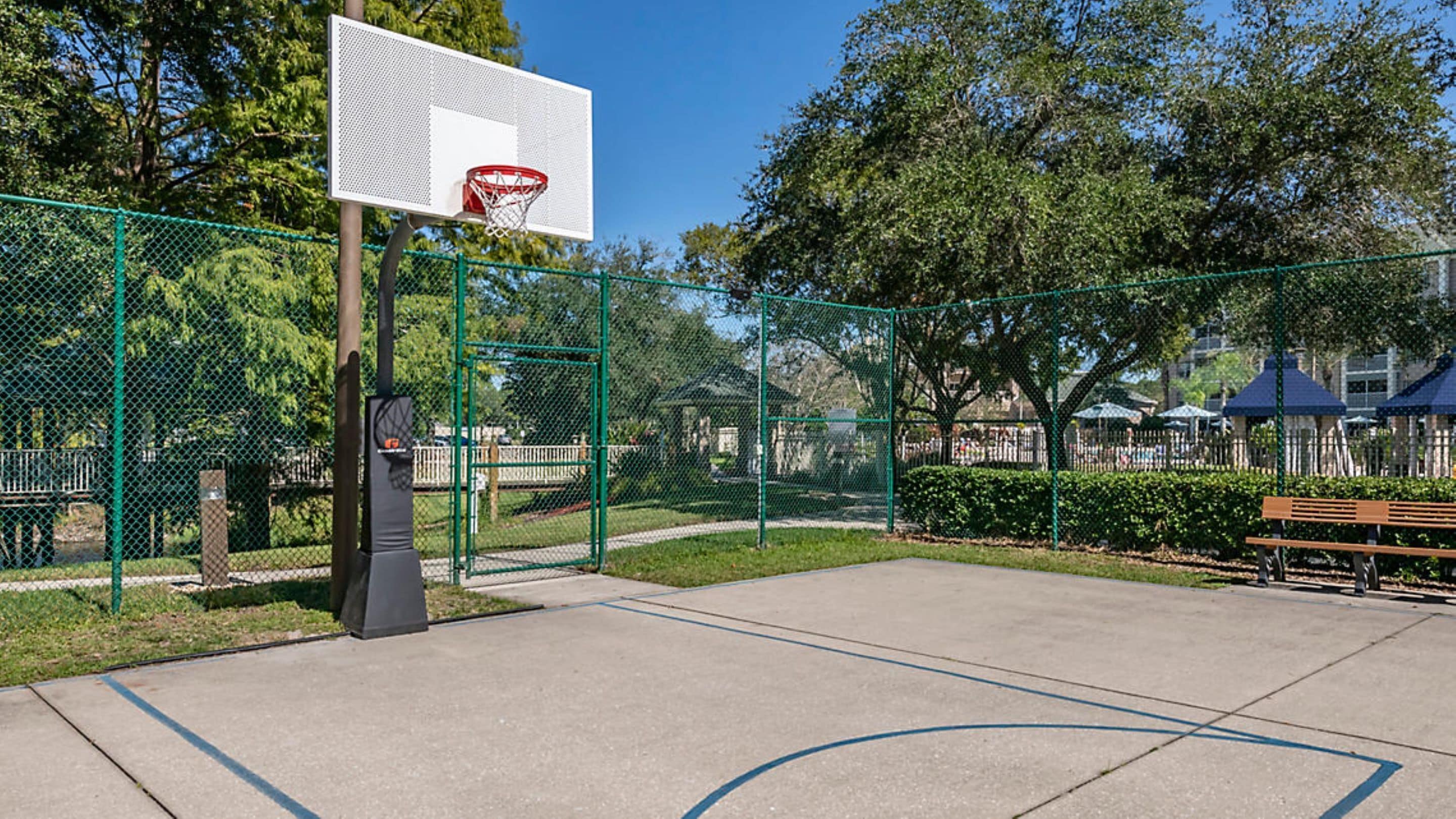 A basketball court with a hoop, surrounded by a green fence and trees.