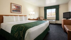 Una habitación de hotel con una cama grande, un escritorio con una lámpara, una silla, un televisor y un cuadro en la pared.