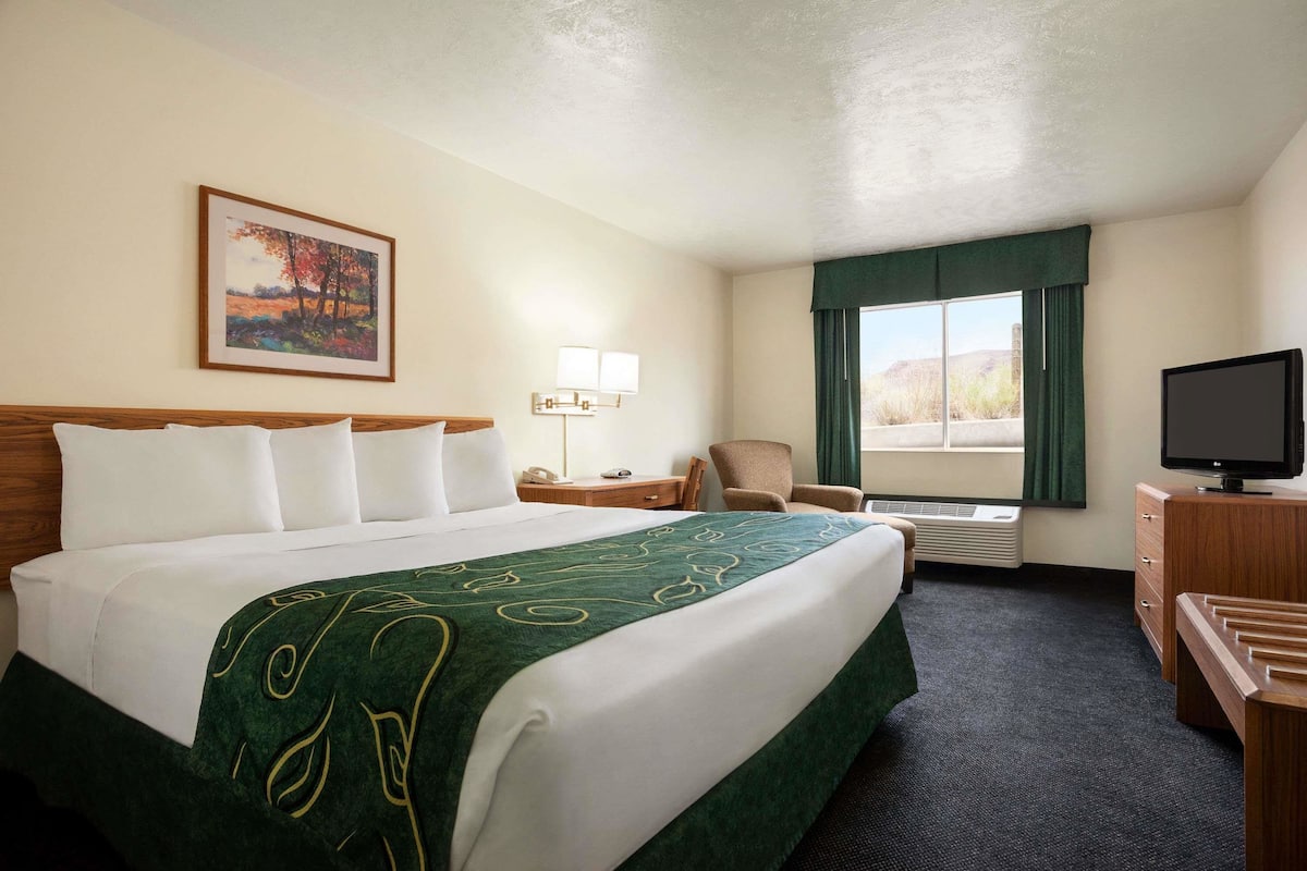 A hotel room with a large bed, a desk with a lamp, a chair, a television, and a painting on the wall.