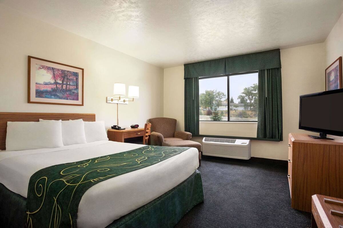 A hotel room with a large bed, a desk with a lamp, a chair, a TV, and a window with curtains.
