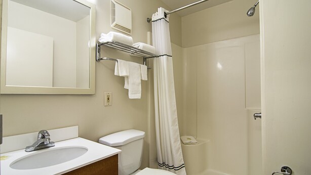 A bathroom with a sink, toilet, and shower.
