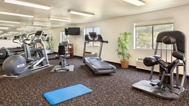 Een fitnessruimte met loopbanden, elliptische trainers en gewichten.