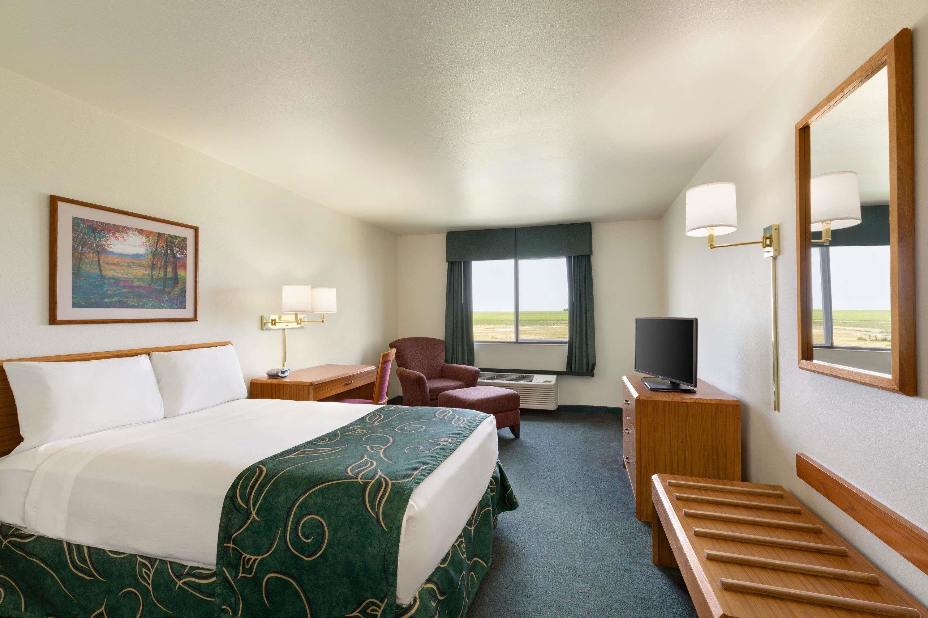A hotel room with a bed, desk, chair, TV, and a large window.