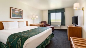 Een hotelkamer met een groot bed, een bureau met een computer, een stoel, een televisie en een raam met gordijnen.